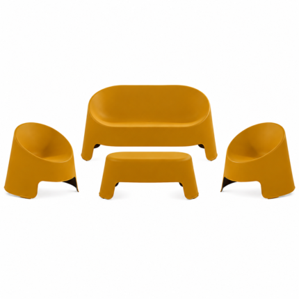 CANAPÉ 2 PLACES + 2 FAUTEUILS + TABLE BASSE - JAUNE