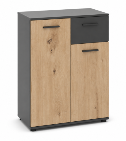 COMMODE 2 PORTES 1 TIROIR - CHÊNE ARTISAN ET ANTHRACITE