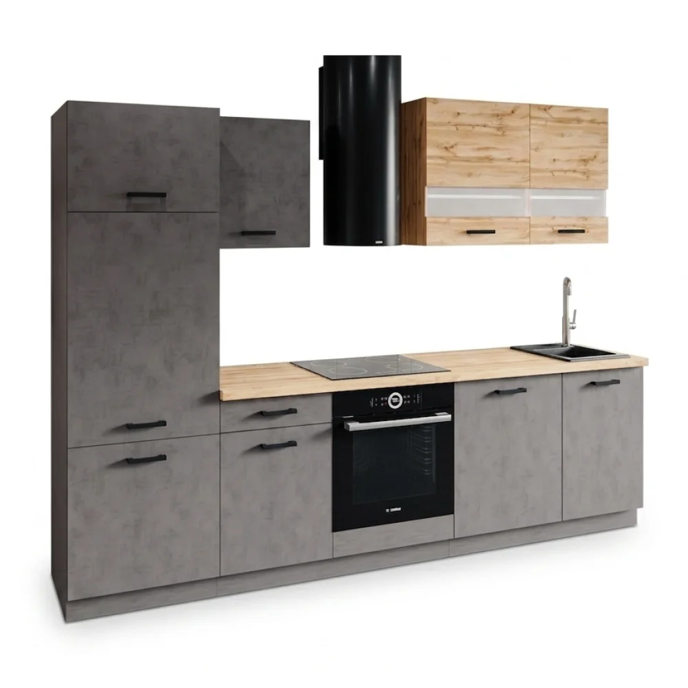 AI Generated Product Image BLOC CUISINE 280 CM CHÊNE WOTAN CHROMIX PLAN DE TRAVAIL HPD 38MM PORTES VITRÉES HORS SANITAIRE & ÉLE – Image 1
