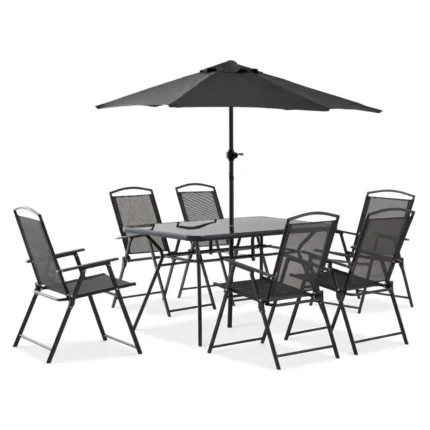 SALON DE JARDIN TABLE + 6 CHAISES + PARASOL