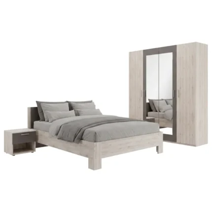 PACK LIT 160 X 200 + ARMOIRE 4 PORTES + 2 CHEVETS - CHÊNE