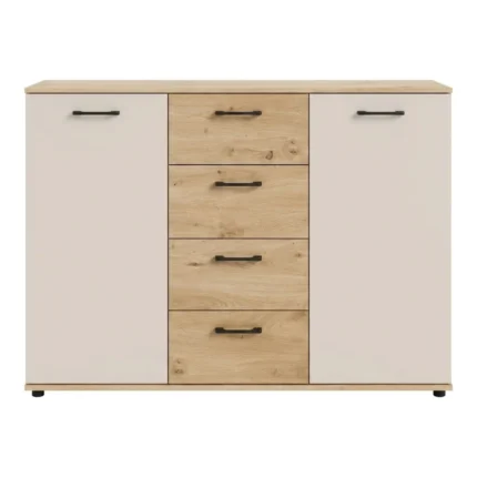 COMMODE 2 PORTES 4 TIROIRS - CHÊNE ARTISAN ET BEIGE