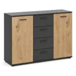 COMMODE 2 PORTES 4 TIROIRS - CHÊNE ARTISAN ET ANTHRACITE