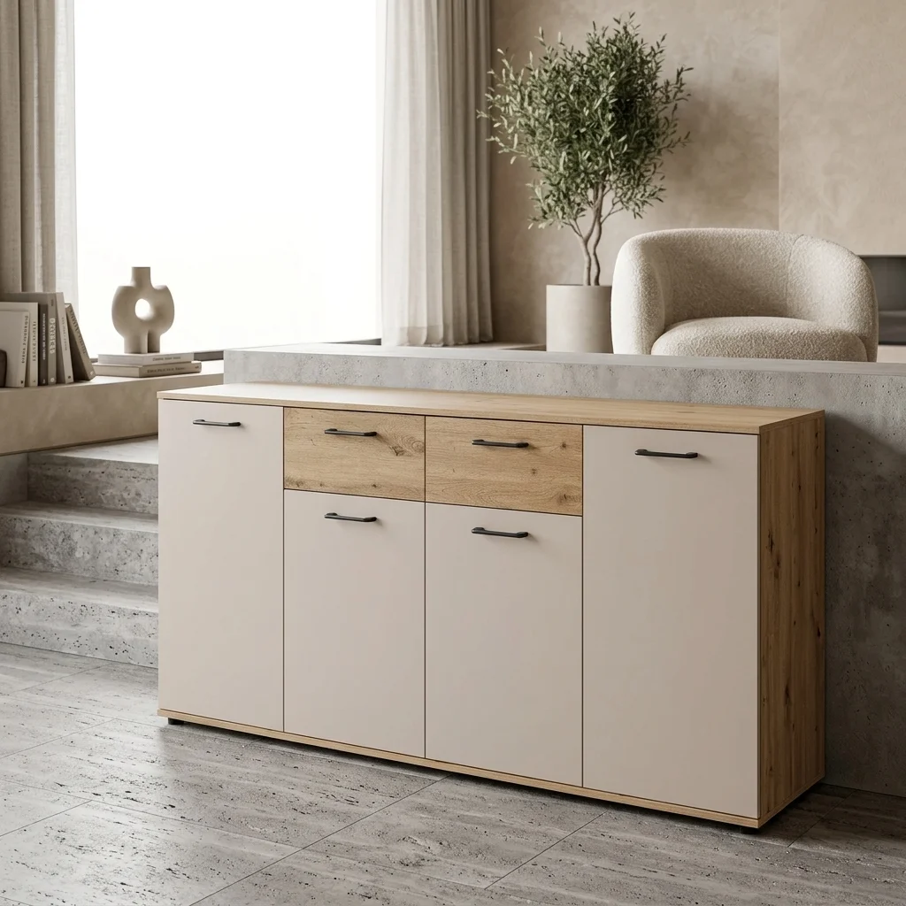 AI Generated Product Image ENFILADE 4 PORTES 2 TIROIRS - CHÊNE ARTISAN ET BEIGE – Image 1
