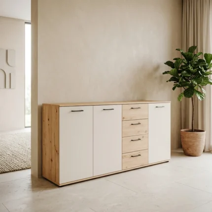 ENFILADE 3 PORTES 4 TIROIRS - CHÊNE ARTISAN ET BEIGE