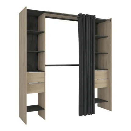 DRESSING 2 COLONNES + 2 PENDERIES + 4 TIROIRS ET RIDEAU - CHENE KRONBERG ET NOIR