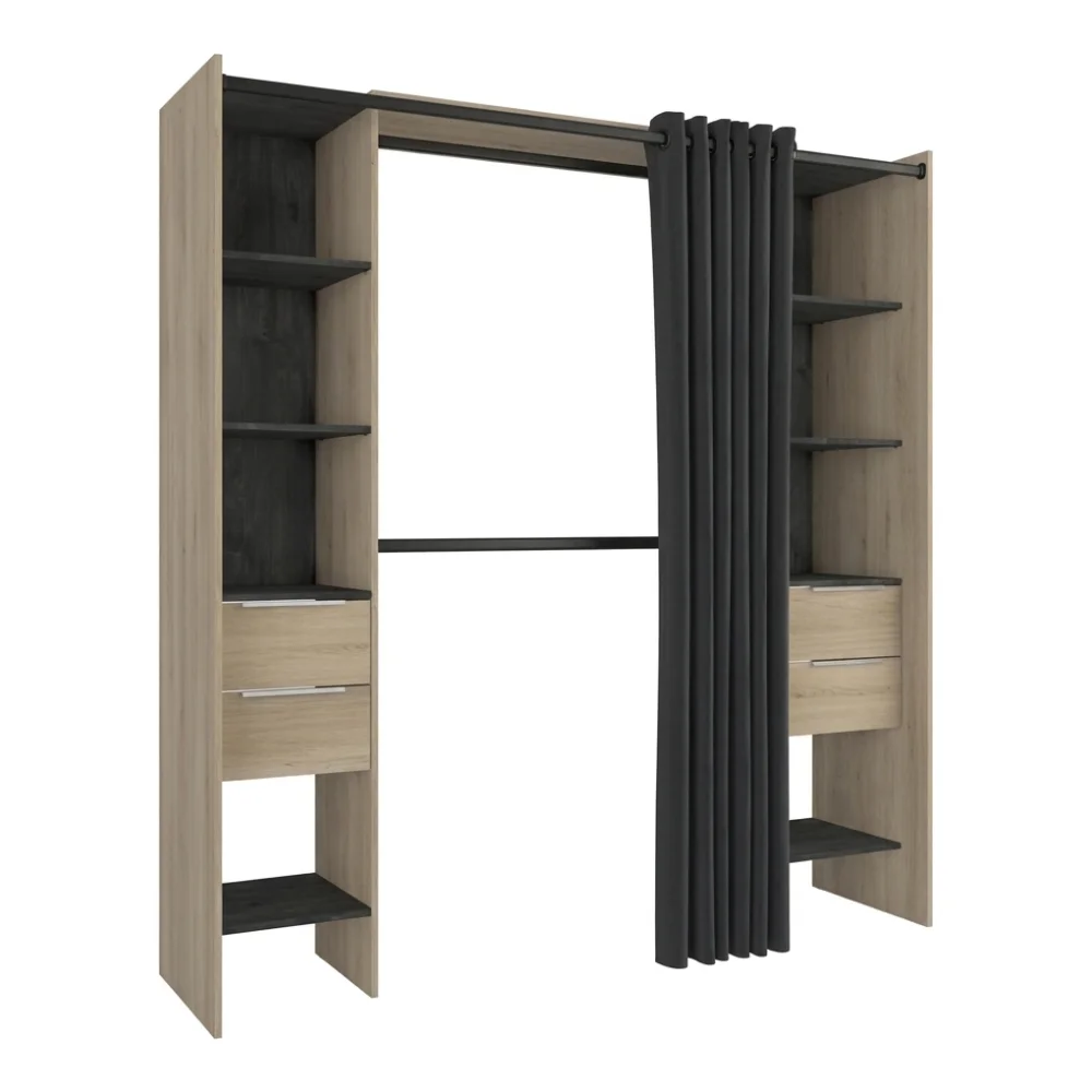 AI Generated Product Image DRESSING 2 COLONNES + 2 PENDERIES + 4 TIROIRS ET RIDEAU - CHENE KRONBERG ET NOIR – Image 1