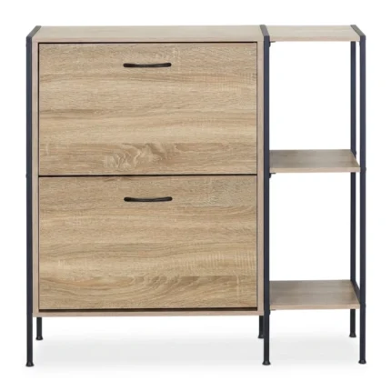 MEUBLE À CHAUSSURES 2 PORTES AVEC ÉTAGÈRES LATÉRALES - CHÊNE MODERN OAK ET MÉTAL NOIR