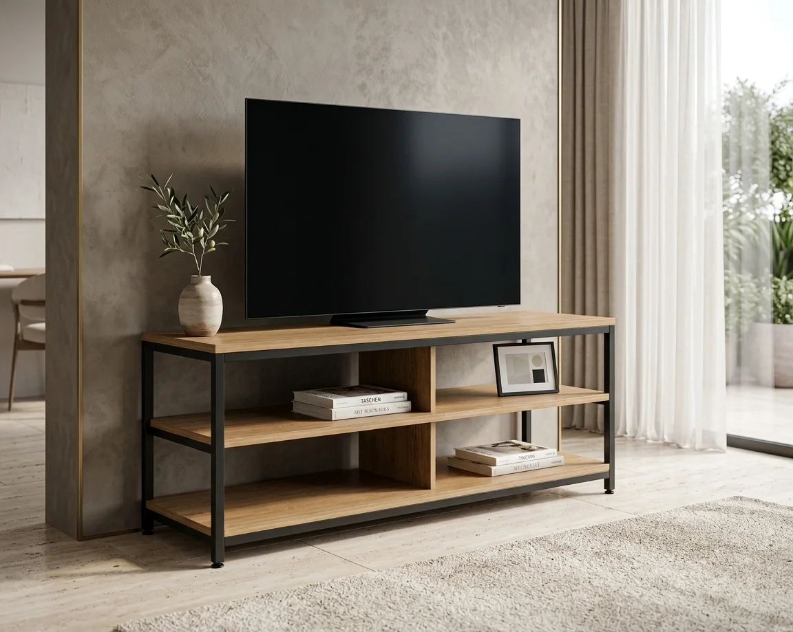 AI Generated Product Image MEUBLE TV - CHÊNE MODERN OAK ET MÉTAL NOIR – Image 1