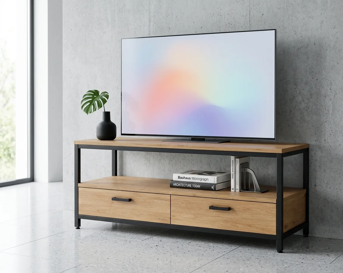 AI Generated Product Image MEUBLE TV 2 TIROIRS - CHÊNE WILD OAK ET MÉTAL NOIR – Image 1