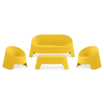 CANAPÉ 2 PLACES + 2 FAUTEUILS + TABLE BASSE - JAUNE
