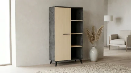 VITRINE 1 PORTE ET 4 NICHES - CHENE ET NOIR
