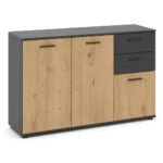 COMMODE 3 PORTES + 2 TIROIRS - CHENE ARTISAN & ANTHRACITE