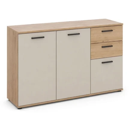 COMMODE 3 PORTES + 2 TIROIRS - CHENE ARTISAN &  BEIGE