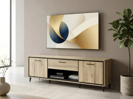 MEUBLE TV 2 PORTES + 1 TIROIR + 1 NICHE - CHENE KRONBERG/NOIR