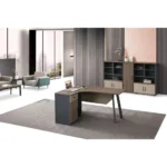 BUREAU D'ANGLE 1 TIROIR + 1 PORTE + CAISSON - BOIS ET GRIS