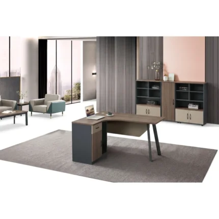 BUREAU D'ANGLE 1 TIROIR + 1 PORTE + CAISSON - BOIS ET GRIS