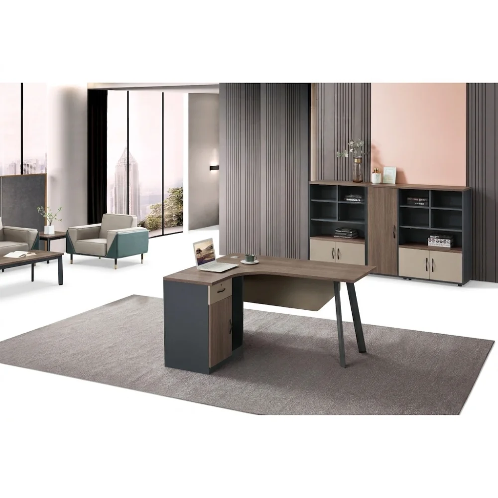 BUREAU D’ANGLE 1 TIROIR + 1 PORTE + CAISSON – BOIS ET GRIS