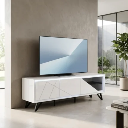 MEUBLE TV 3 PORTES AVEC LED - BLANC