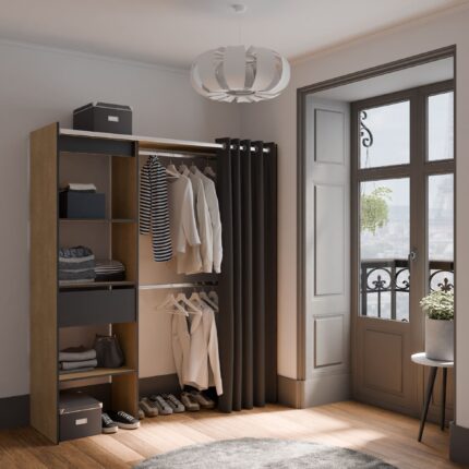 DRESSING 1 TIROIR + NICHES ET RIDEAU - CHÊNE