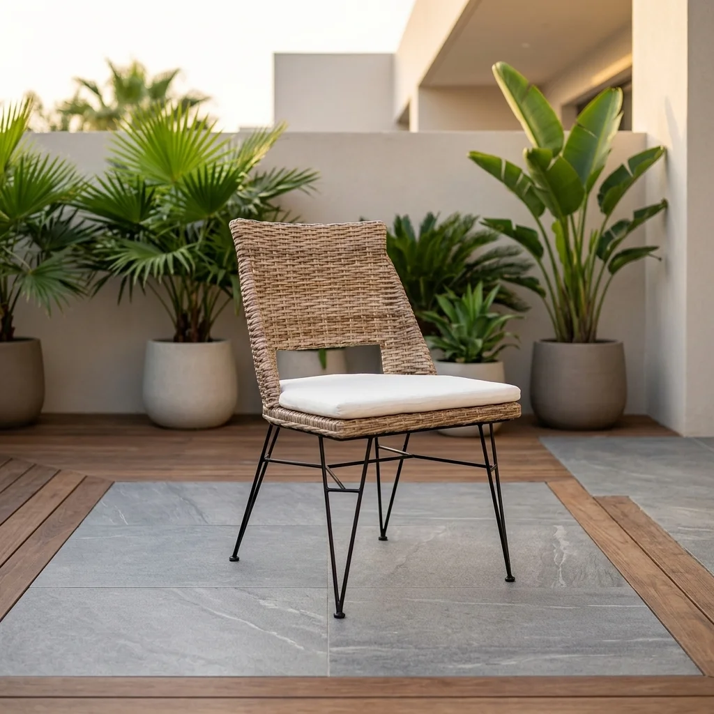 AI Generated Product Image CHAISE AVEC COUSSINS EN MÉTAL - ROTIN – Image 1