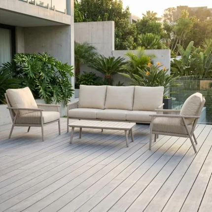 CANAPE 3 PLACES + 2 FAUTEUILS + 1 TABLE BASSE - ALUMINIUM