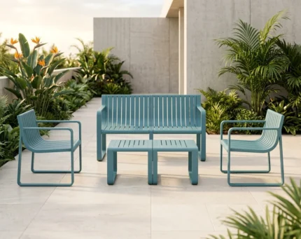 CANAPÉ 2 PLACES + 2 FAUTEUILS + TABLE BASSE EN POLYPROPYLÈNE - BLEU