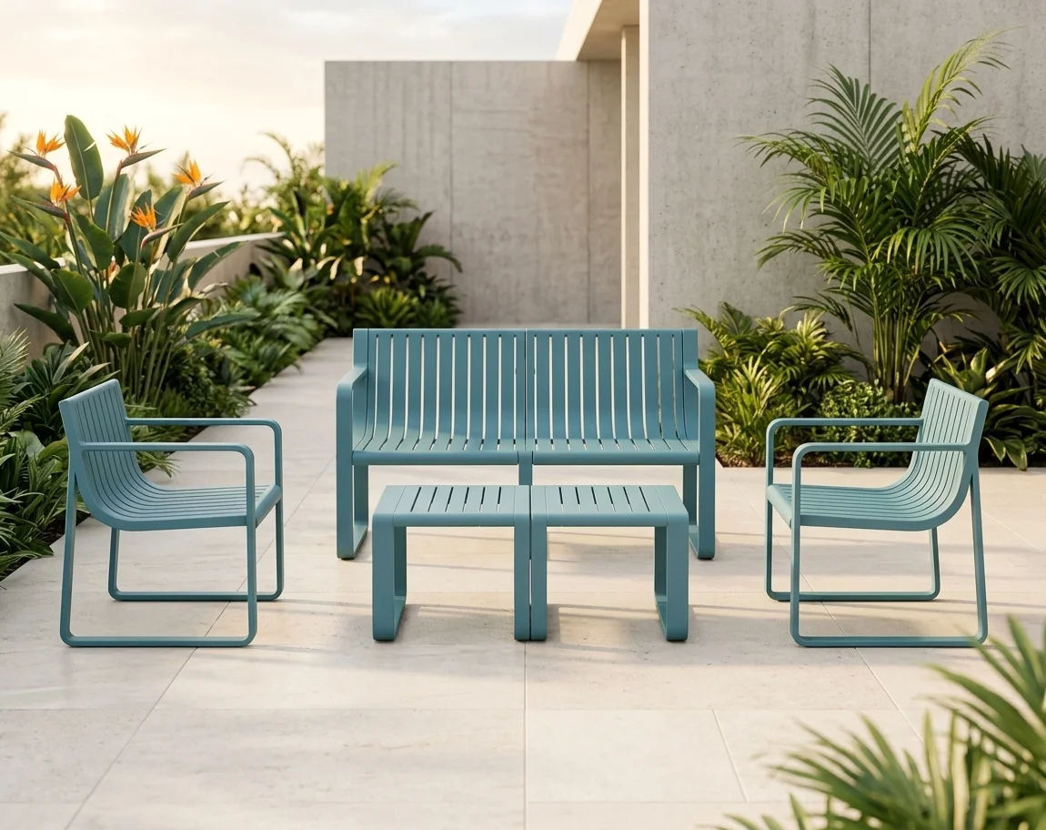 AI Generated Product Image CANAPÉ 2 PLACES + 2 FAUTEUILS + TABLE BASSE EN POLYPROPYLÈNE - BLEU – Image 1