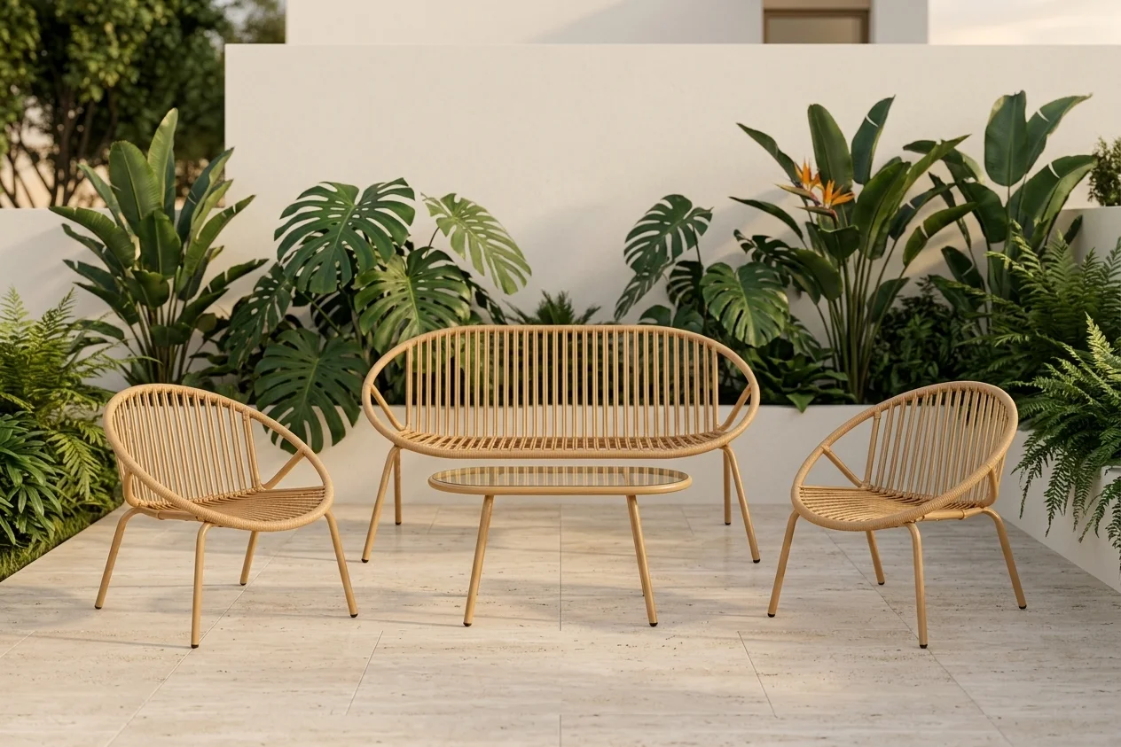 AI Generated Product Image CANAPÉ 2 PLACES + 2 FAUTEUILS + TABLE BASSE EN POLYPROPYLÈNE - JAUNE – Image 1