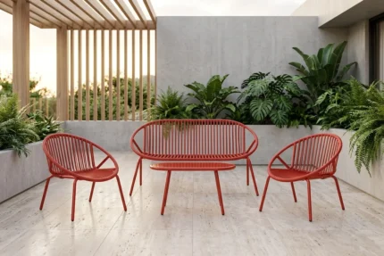 CANAPÉ 2 PLACES + 2 FAUTEUILS + TABLE BASSE EN POLYPROPYLÈNE - ROUGE