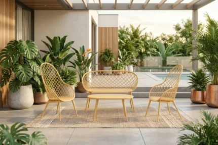 CANAPÉ 2 PLACES + 2 FAUTEUILS + TABLE BASSE EN POLYPROPYLÈNE - JAUNE