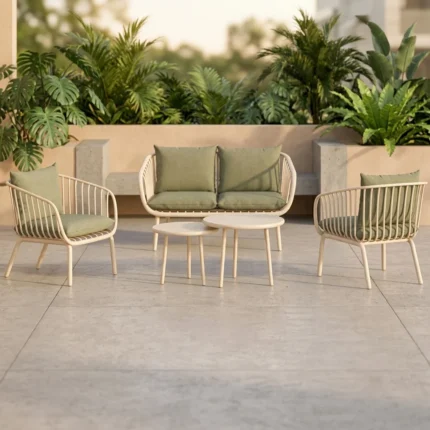 CANAPÉ 2 PLACES + 2 FAUTEUILS + 2 TABLES BASSES EN POLYPROPYLÈNE - BLANC ET VERT