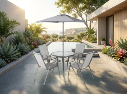 CANAPÉ TABLE RONDE + 4 FAUTEUILS + PARASOL - GRIS