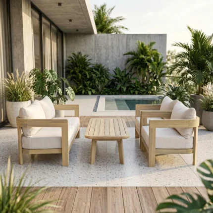 SALON DE JARDIN CANAPÉ 2 PLACES + 2 FAUTEUILS + TABLE BASSE- NATUREL