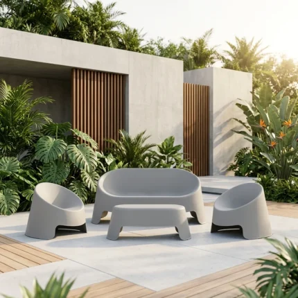 CANAPÉ 2 PLACES + 2 FAUTEUILS + TABLE BASSE - GRIS CLAIR