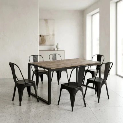 TABLE + 6 CHAISES - NOIR ET CHÊNE
