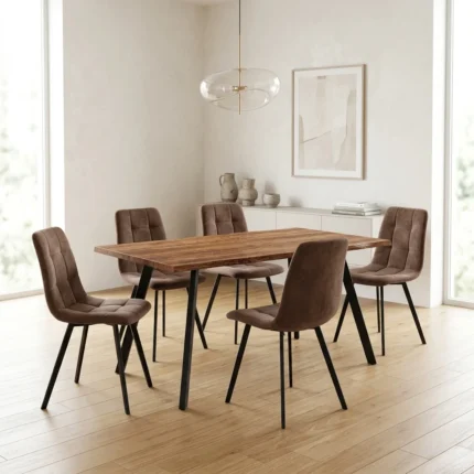 TABLE + 4 CHAISES - MARRON