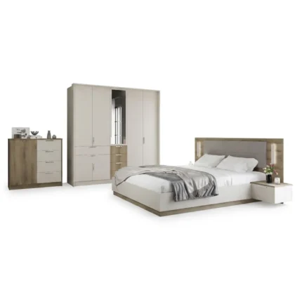 LIT 160 X 200 CM + SOMMIER + ARMOIRE 7 PORTES / 6T  IROIRS / 2 CHEVETS1T SUSPENDUS - CHENE & BLANC