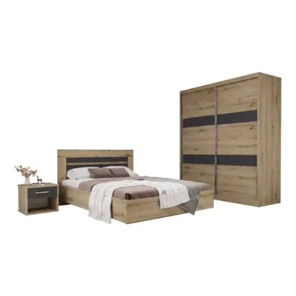 LIT 140 X 190 CM + SOMMIER + ARMOIRE 2 PORTES COULISSANTES + 1 CHEVET - ANTRACITE & CHÊNE ( AVEC SOM