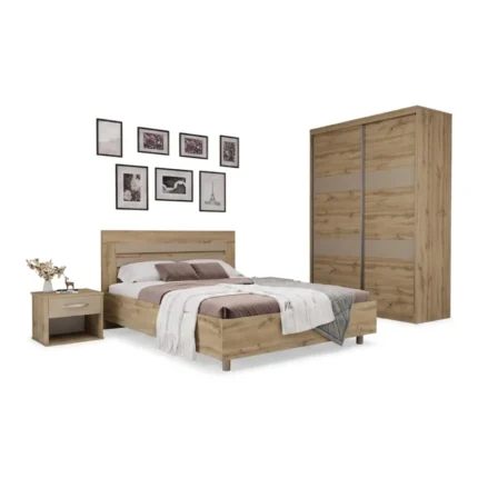 LIT 140 X 190 CM + SOMMIER + ARMOIRE 2 PORTES COULISSANTES + 1 CHEVET - LATTE & CHÊNE ( AVEC SOMMIER