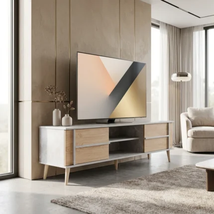 MEUBLE TV 2 PORTES / 2 NICHES - CHENE/GRIS