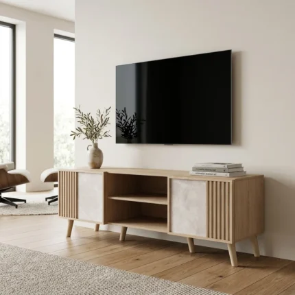 MEUBLE TV  2 PORTES +  2 NICHES - CHENE ET GRIS