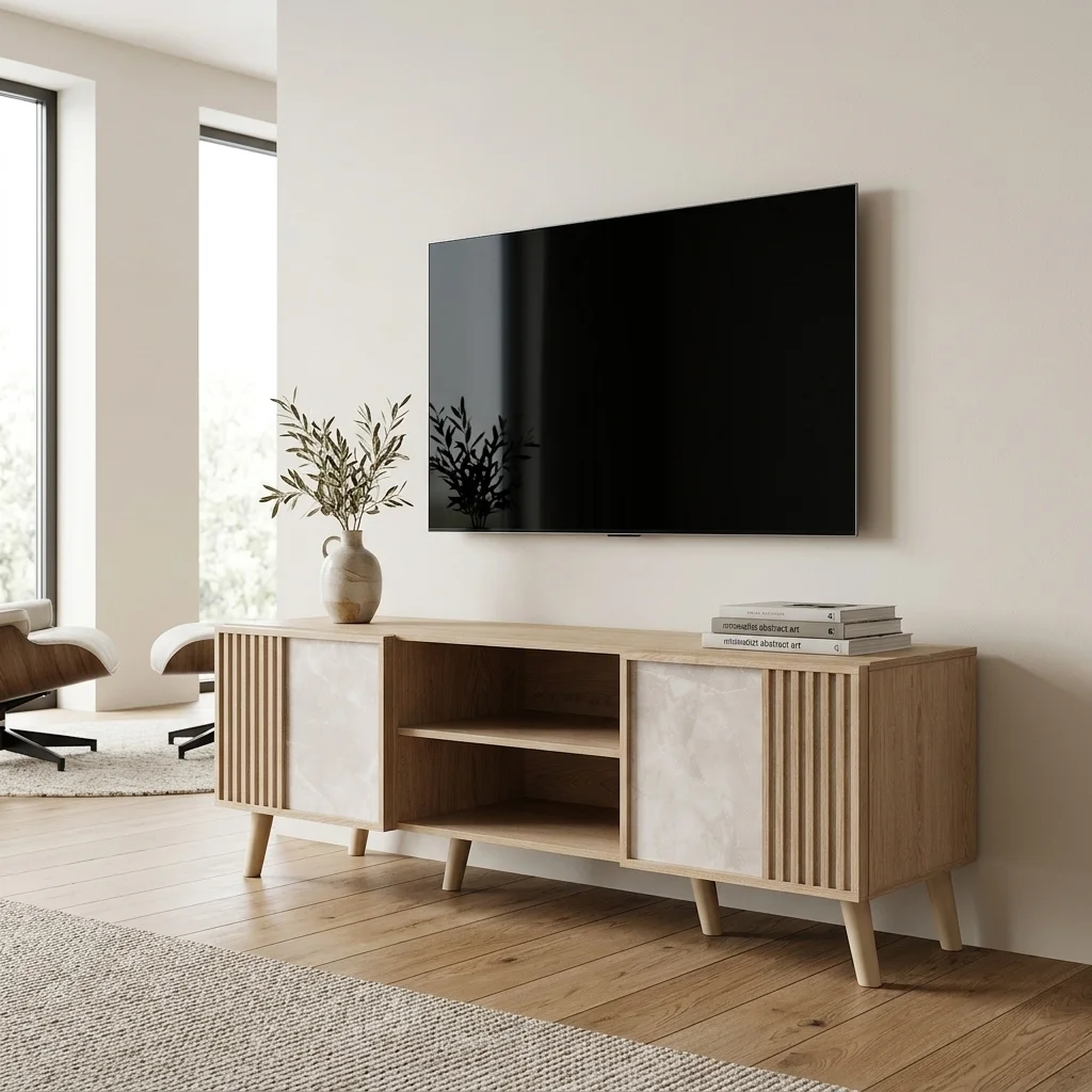 AI Generated Product Image MEUBLE TV 2 PORTES + 2 NICHES - CHENE ET GRIS – Image 1