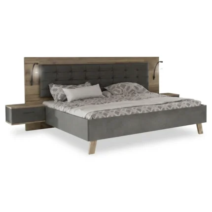 LIT + 2 CHEVET 160 X 200 CM -  BETON ET CHENE