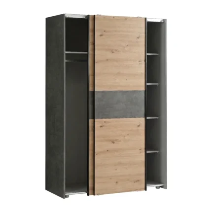 ARMOIRE 2 PORTES COULISSANTES 6 TABLETTES COMPACT STYLE RÉTRO - CHÊNE ET BÉTON GRIS