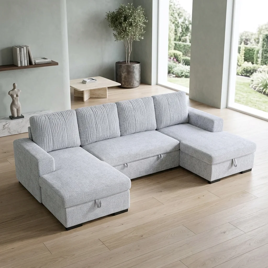 AI Generated Product Image CANAPÉ D'ANGLE CONVERTIBLE EN U AVEC 2 COFFRE DE RANGEMENTS - GRIS CLAIR – Image 1