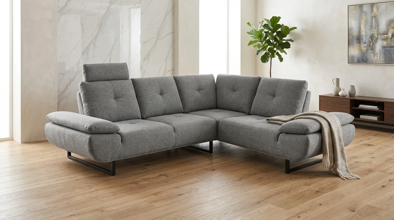 AI Generated Product Image CANAPÉ D'ANGLE DROIT AVANCE RECULE EN TISSU - GRIS – Image 1