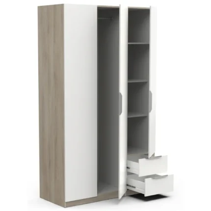 ARMOIRE 3 PORTES + 2 TIROIRS - BLANC ET CHENE