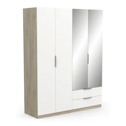 ARMOIRE 4 PORTES + 2 TIROIRS ET 2 MIROIRS - BLANC ET CHÊNE