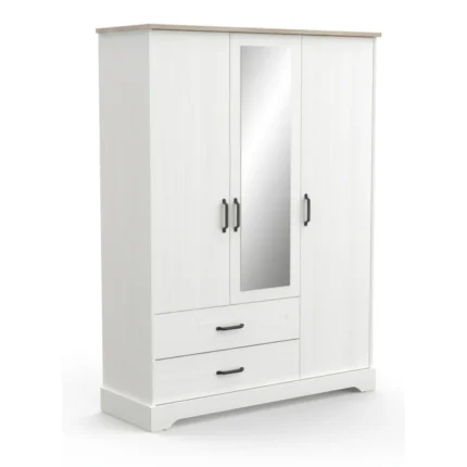 ARMOIRE 3 PORTES + 2 TIROIRS + 1 MIROIR - BLANC ET CHÊNE